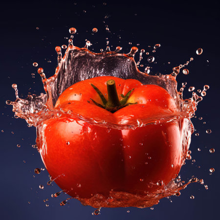 Dynamic Splash of a Ripe Tomato in Water Against a dark Backgroundの素材