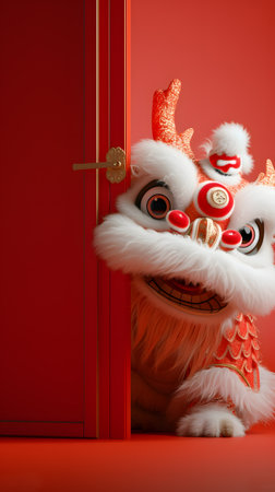 A vibrant lion dance costume peeks through a red door, encapsulating the festive spirit and rich cultural heritage of Chinese New Year celebrations.の素材