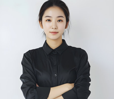 A poised individual wears a black button-down shirt, arms crossed, projecting confidence against a plain white backdrop.の素材