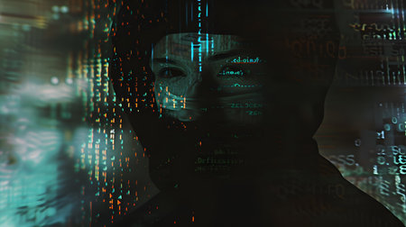 A mysterious silhouette stands against a backdrop of streaming computer code. The image evokes a sense of technological complexity, data encryption, and the enigmatic world of cybernetics.の素材