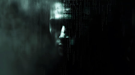 A mysterious silhouette stands against a backdrop of streaming computer code. The image evokes a sense of technological complexity, data encryption, and the enigmatic world of cybernetics.の素材
