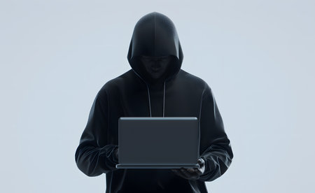 A hooded figure, enshrouded in darkness, holds a laptop, illuminating their concealed identity. The atmosphere is eerie and mysterious.の素材