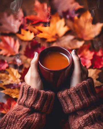 Cozy Autumn Tea Time,person with cup of hot tea,cup of tea in autumn park,cup of tea and autumn leavesの素材