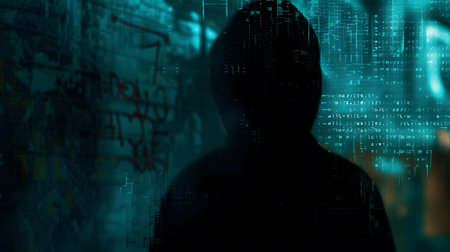 A mysterious silhouette stands against a backdrop of streaming computer code. The image evokes a sense of technological complexity, data encryption, and the enigmatic world of cybernetics.の素材