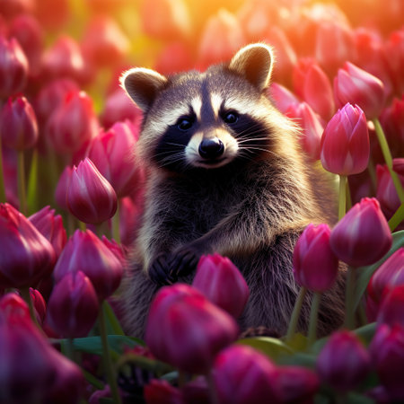 Adorable Raccoon Amidst a Vibrant Floral Bloomの素材