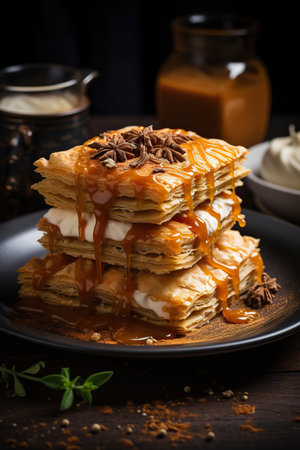 A Slice of Caramel Apple Pie with Whipped Cream and Crumbled Toppingの素材