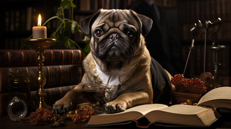 Pug in a Library: A Canine's Intellectual Pursuit,dog with a bookの素材