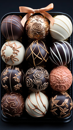 Ornate Chocolate Truffles and Roses on a Tray,chocolate candy in a box,box of chocolate,heart shaped chocolates,Valentine's Day Handmade Chocolate Gorgeous Chocolate Food Photographyの素材