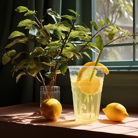 Refreshing Lemon Drink with Yellow Flowers,glass of lemonade,glass of lemonade with lemonの素材