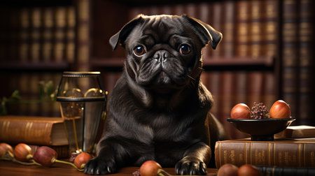 Pug in a Library: A Canine's Intellectual Pursuit,dog with a bookの素材