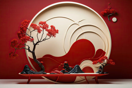 Surreal Red Landscape with Abstract Trees,Chinese Red Traditional Backgroundの素材