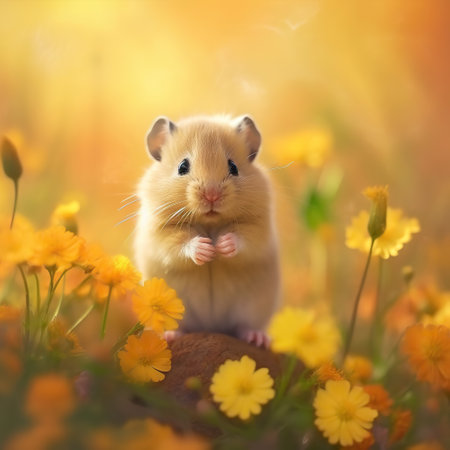 Serene Summer: A Hamster's Day Out in the Flower Field,hamster and flowers,hamster in the gardenの素材