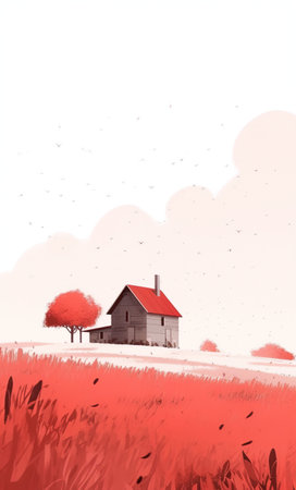 Solitude in Autumn: A Lonely House in a Red Field,Lonely House in the Mountains, Minimalist Illustrationの素材
