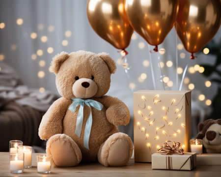 Whimsical Celebration: Teddy Bear and Balloons in a Cozy Bedroom,teddy bear and gift boxの素材