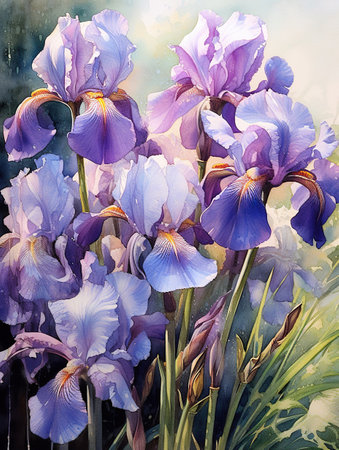 Sunset Serenity: Watercolor Irises in Bloomの素材