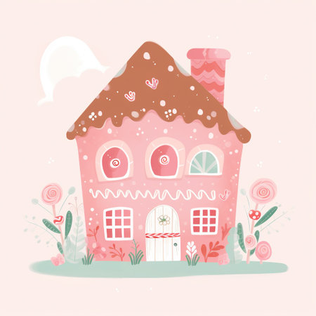 Enchanting Cottage Nestled in a Rose Garden,Cute dreamy colorful cabin illustrationの素材