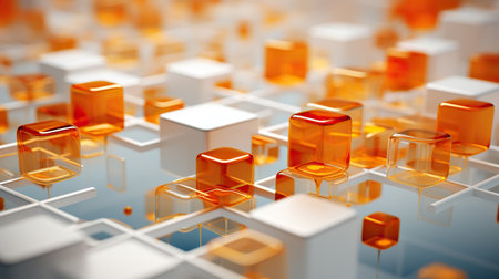 Futuristic Geometry: A Dance of Cubes in the Digital Realm,abstract 3d background,background of cubes,orange background,abstract orange backgroundの素材