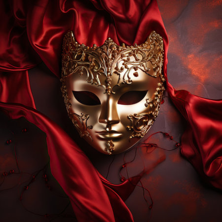 Mysterious Elegance: A Gold Masquerade Mask Amidst Red Satin Ribbonsの素材