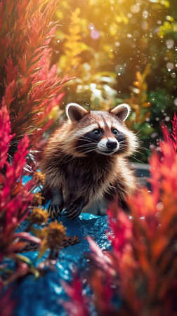 A Glimpse into the Wild: Portrait of a Raccoon Amidst Autumn Huesの素材