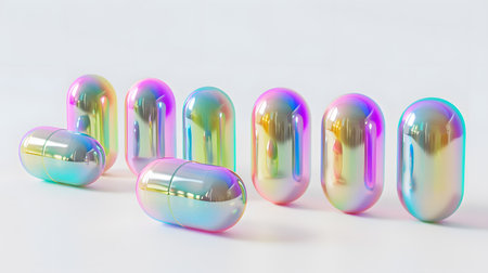 Iridescent capsules gleam with a spectrum of colors, showing a mesmerizing dance of light and reflections on a white surface.の素材