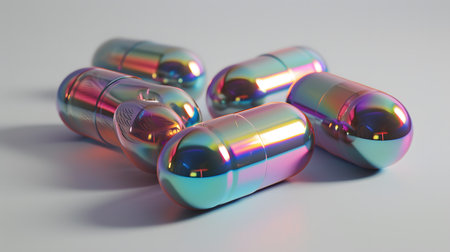 Iridescent capsules gleam with a spectrum of colors, showing a mesmerizing dance of light and reflections on a white surface.の素材