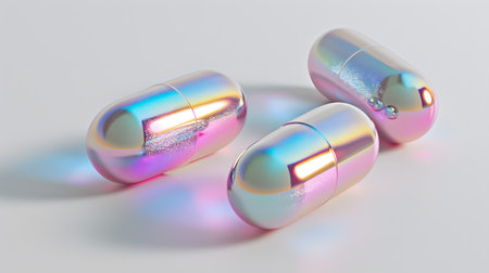 Iridescent capsules gleam with a spectrum of colors, showing a mesmerizing dance of light and reflections on a white surface.の素材