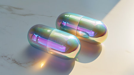 Iridescent capsules gleam with a spectrum of colors, showing a mesmerizing dance of light and reflections on a white surface.の素材