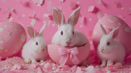 Three adorable bunnies nestled among oversized, polka-dotted pink eggs, surrounded by a shower of white confetti, encapsulating the essence of a whimsical Easter celebration.の素材
