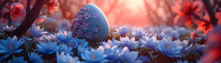 A serene landscape featuring a blue egg nestled among vibrant, blooming flowers, evoking a sense of mystical spring awakeningの素材
