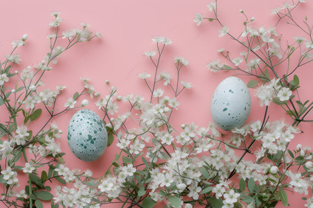 A vibrant display of pastel-colored Easter eggs nestled among delicate white flowers, creating a serene and festive Easter atmosphere.の素材