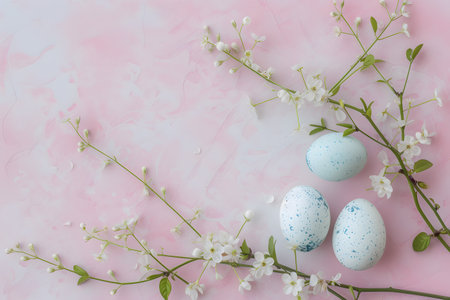 A vibrant display of pastel-colored Easter eggs nestled among delicate white flowers, creating a serene and festive Easter atmosphere.の素材