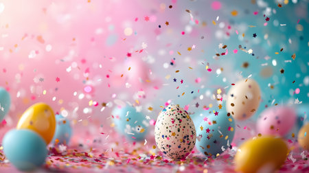 Vibrant speckled eggs rest on a surface, surrounded by a dynamic explosion of colorful confetti against a cheerful backdrop, symbolizing a festive Easter celebration.の素材