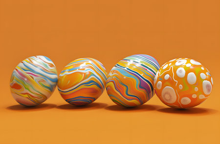 A vibrant display of Easter eggs, each intricately decorated with beautiful floral patterns, against an orange backdrop.の素材