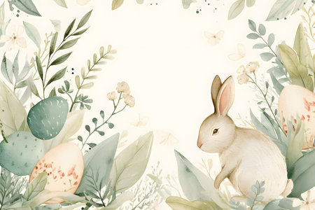 A gentle white bunny sits amidst blooming flowers, accompanied by a beautifully decorated egg, encapsulating the essence of a peaceful springtime.の素材