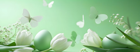 A serene display of white tulips and butterflies, accentuated by speckled eggs, evokes the refreshing ambiance of spring on a green background.の素材