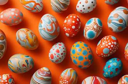 A vibrant display of Easter eggs, each intricately decorated with beautiful floral patterns, against an orange backdrop.の素材