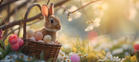 A serene Easter morning with vibrantly decorated eggs nestled among blooming flowers, under the warm, golden rays of the sunの素材
