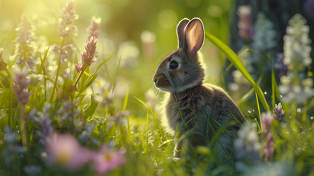 A young rabbit sits peacefully amidst blooming wildflowers, bathed in the golden hue of a serene sunset, exuding calm and beauty.の素材