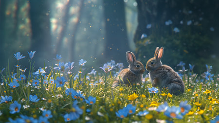 A young rabbit sits peacefully amidst blooming wildflowers, bathed in the golden hue of a serene sunset, exuding calm and beauty.の素材