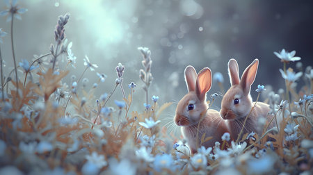 A young rabbit sits peacefully amidst blooming wildflowers, bathed in the golden hue of a serene sunset, exuding calm and beauty.の素材