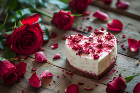 A romantic setting featuring a heart-shaped cake with pink icing and small decorative hearts, surrounded by vibrant red roses and scattered petals on a rustic wooden surface.の素材