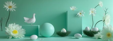 A serene display of pale eggs resting within a rustic, intricately woven twig nest, adorned with delicate white blossoms, symbolizing spring's renewalの素材