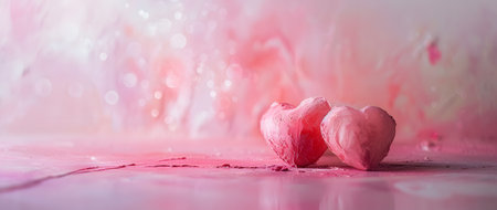 Two heart-shaped objects glisten in a soft, dreamy pink light. The abstract, ethereal background enhances their romantic allure.の素材