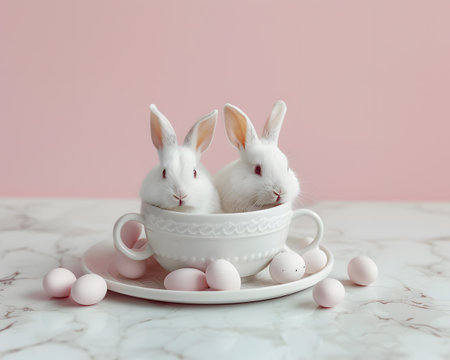 Adorable white bunnies nestled in oversized teacups, surrounded by speckled eggs and petals, creating a serene and whimsical atmosphere against a tranquil soft pink backdropの素材
