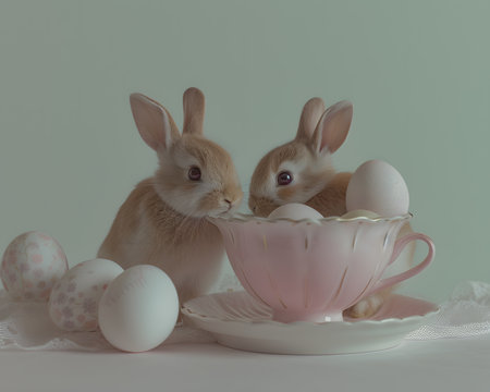 Adorable white bunnies cozily nestled in a floral teacup, surrounded by pastel-colored Easter eggs, creating a gentle, festive ambiance.の素材