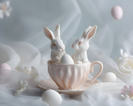 white bunnies sit comfortably in an ornate teacup, surrounded by pastel Easter eggs and delicate blossoms, creating a tranquil Easter scene.の素材