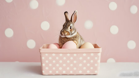 A cute bunny sits amidst a collection of pastel-colored eggs, nestled in a pink polka-dotted box, evoking a festive springtime mood.の素材