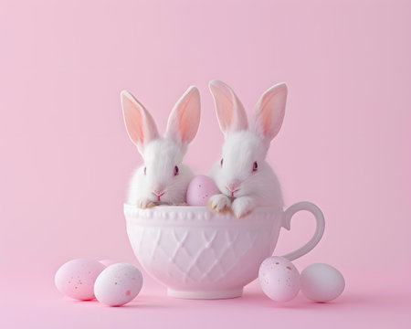 Adorable white bunnies nestled in oversized teacups, surrounded by speckled eggs and petals, creating a serene and whimsical atmosphere against a tranquil soft pink backdropの素材