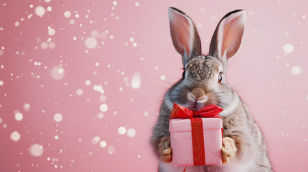 A gray and white bunny sits amidst wrapped gifts and heart-shaped ornaments, under the glow of sparkling lights, creating a festive holiday sceneの素材
