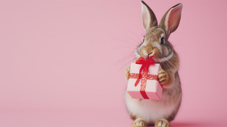 An adorable bunny holds a beautifully wrapped gift, evoking a sense of warmth and celebration against a soft pink backgroundの素材